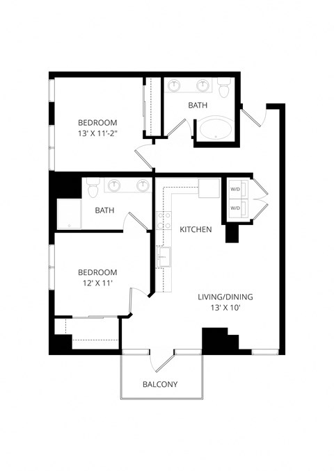 Floor plan for 2 beds, 2 baths, 1090 sqft